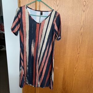 Casual Striped Print Short Sleeve V Neck Tunic Dress